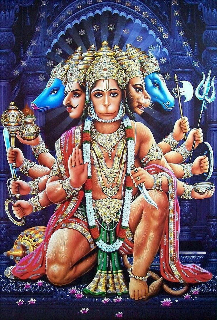 Five-headed Hanuman deity illustration with trident and divine weapons, Panchmukhi Hanuman Ji. Hanuman , Hanuman , Hanuman, Panchamukha Hanuman HD phone wallpaper