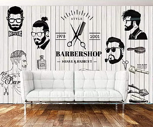 Retro Barbershop Wall Mural Featuring Vintage Grooming Illustrations and White Sofa HD wallpaper