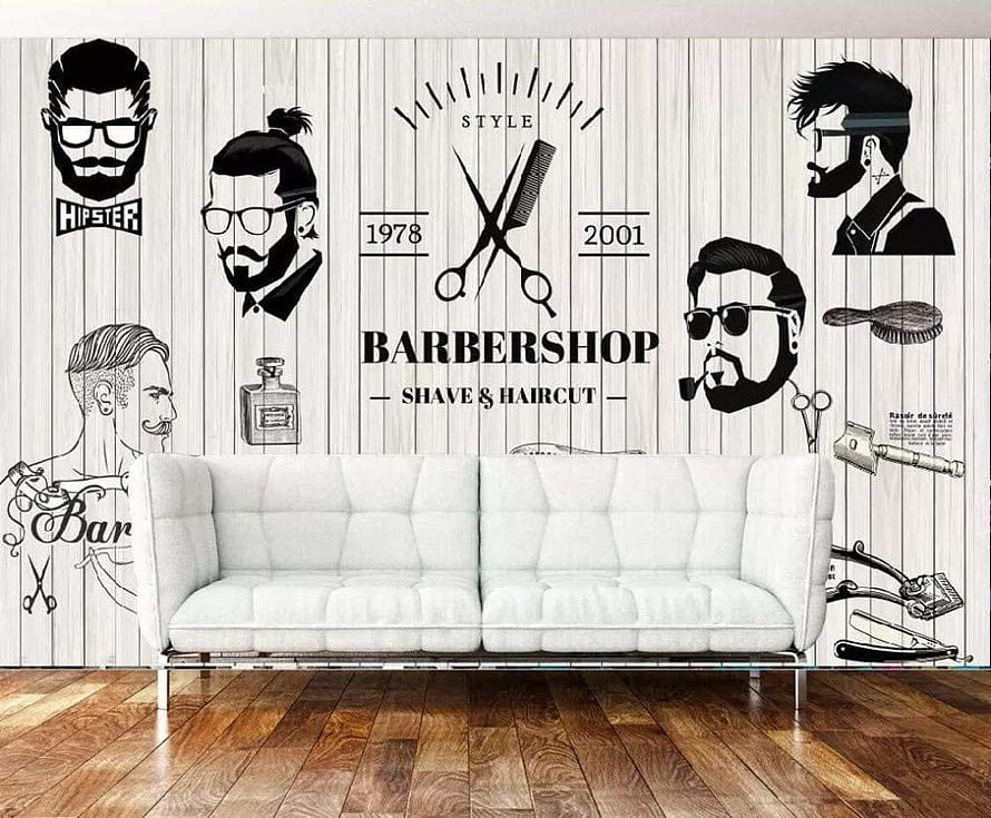 Retro Barbershop Wall Mural Featuring Vintage Grooming Illustrations and White Sofa HD wallpaper