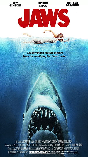 Jaws Movie Poster Featuring Great White Shark and Swimmer HD phone wallpaper