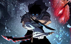 Sung Jin Woo wielding dual blades with glowing blue eyes in dark fantasy anime art HD wallpaper