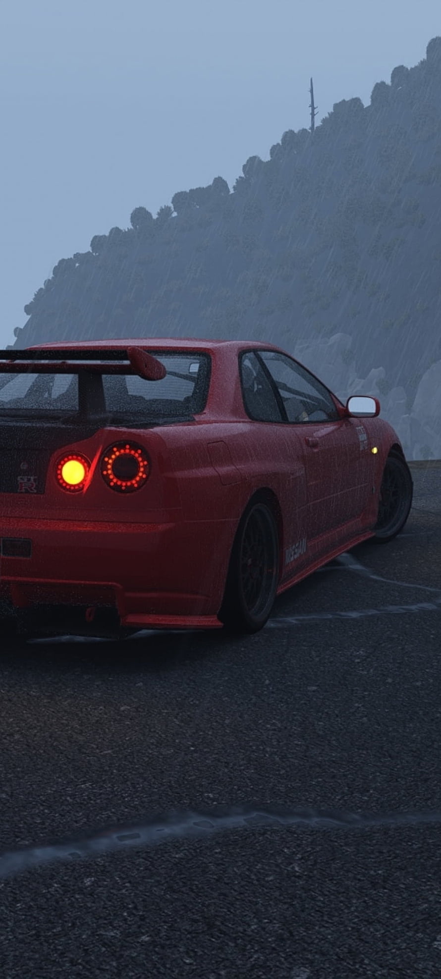 Red Nissan Skyline R34 GT-R Rear View on Wet Mountain Road in Rain HD phone wallpaper