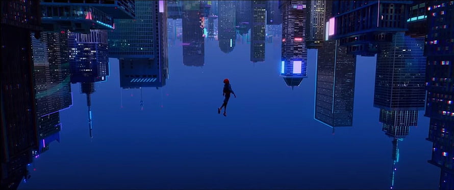 Miles Morales swinging through a surreal inverted cityscape in Spider-Man Into the Spider-Verse, Spider Man: Into The Spider Verse's “leap Of Faith” Scene: A Breakdown Polygon, Miles Morales Falling HD wallpaper