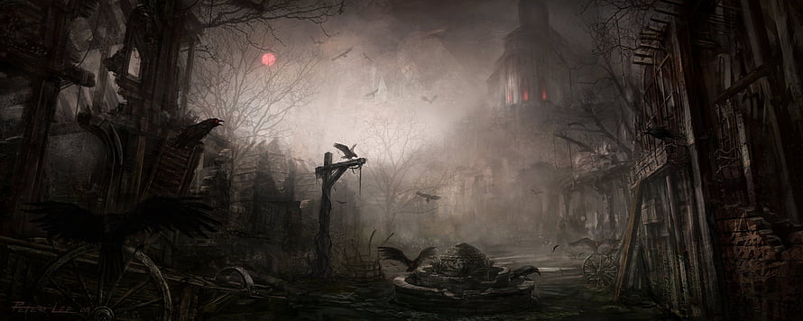 Dark Fantasy Abandoned Village with Red Moon and Crows HD wallpaper