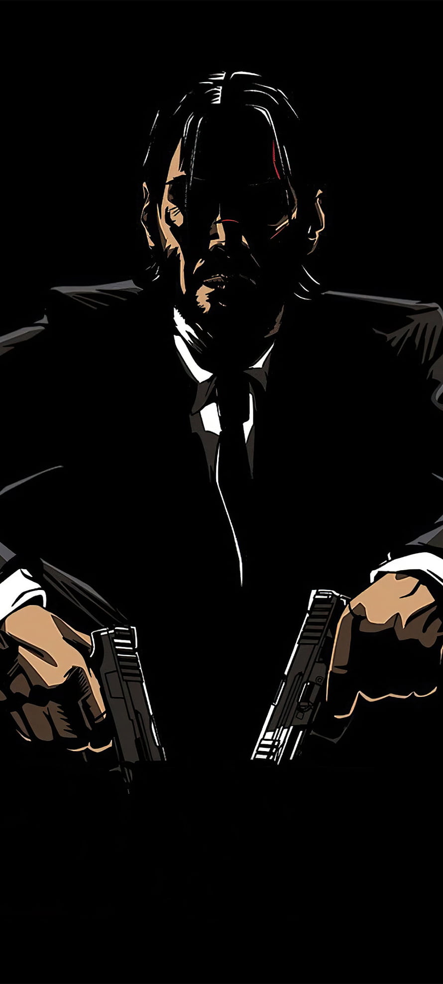 John Wick holding dual pistols in a dark suit, high-contrast comic style illustration HD phone wallpaper