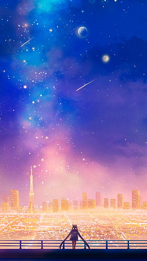 Sailor Moon Silhouette Gazing at Tokyo Skyline Under a Starry Night Sky HD phone wallpaper
