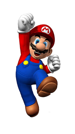 Super Mario in a Dynamic Jumping Pose with Fists Raised on a Clean White Background HD phone wallpaper