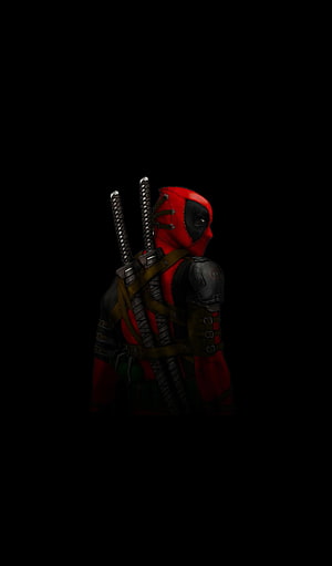 Deadpool in Red and Black Suit with Dual Katanas Against Dark Background HD phone wallpaper