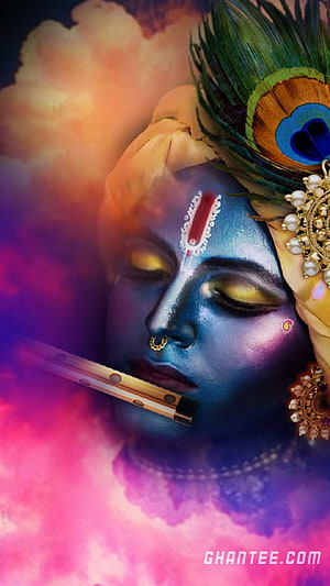 Krishna with Flute and Peacock Feather in Ethereal Clouds HD phone wallpaper