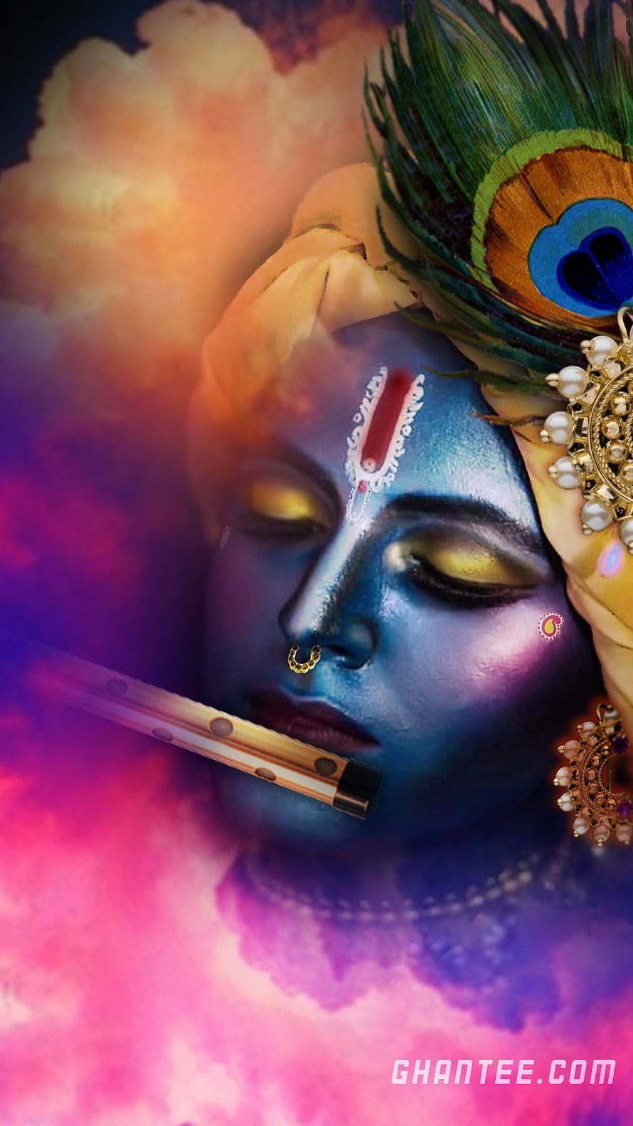 Krishna with Flute and Peacock Feather in Ethereal Clouds HD phone wallpaper