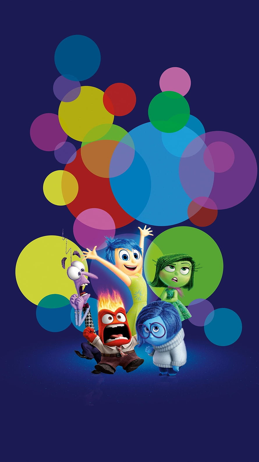 Inside Out Pixar Movie Characters Joy Sadness Anger Disgust Fear on Dark Blue Background HD phone wallpaper