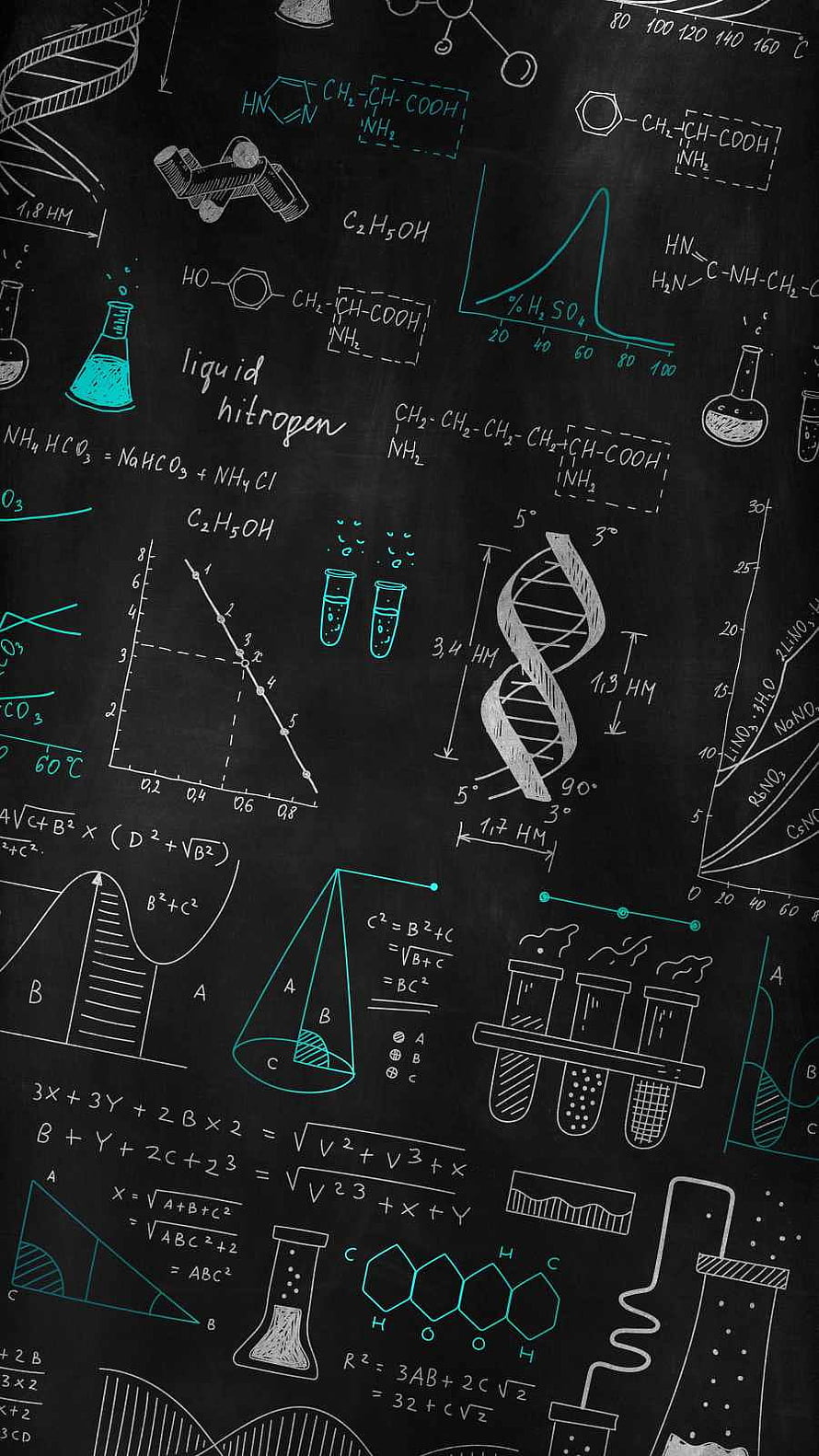 Science and Chemistry Chalkboard Background with DNA, Formulas, and Lab Equipment HD phone wallpaper