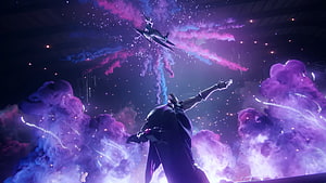Batman and Batwing soaring through vibrant purple and blue smoke clouds in a dramatic cinematic scene, Awaken, Camille Jhin HD wallpaper