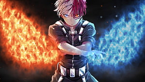 Shoto Todoroki from My Hero Academia wielding ice and fire powers in dramatic anime art HD wallpaper