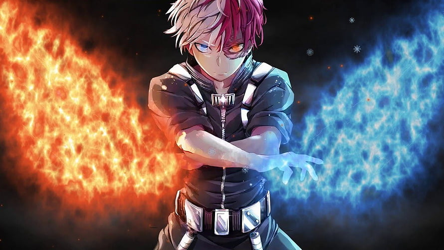 Shoto Todoroki from My Hero Academia wielding ice and fire powers in dramatic anime art HD wallpaper