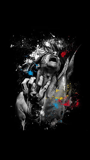 Emotional Anime Character Scream with Colorful Paint Splatter on Black Background HD phone wallpaper