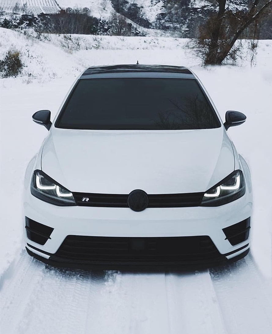 White Volkswagen Golf R Front View Parked in Snowy Winter Landscape HD phone wallpaper