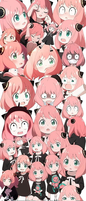 Anya Forger from Spy x Family in a collage of expressive anime faces and cute reactions HD phone wallpaper