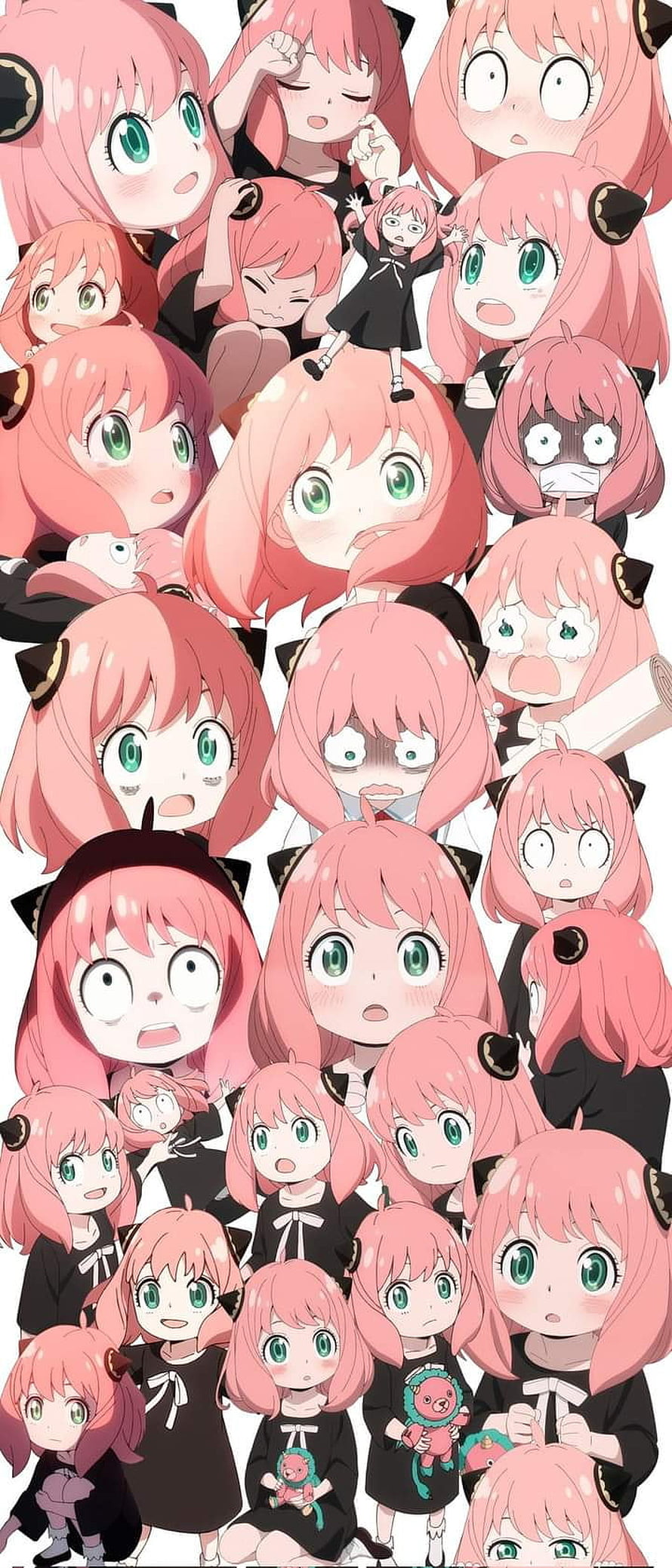 Anya Forger from Spy x Family in a collage of expressive anime faces and cute reactions HD phone wallpaper