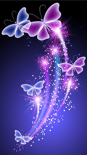 Magical Purple and Blue Butterflies with Glittering Sparkles on Dark Background HD phone wallpaper