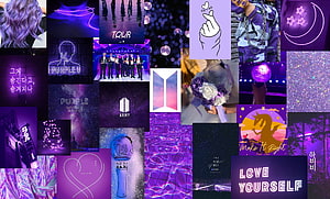 BTS ARMY Purple Theme Collage with Light Sticks, Neon Signs, and Love Yourself Tour Memories HD wallpaper