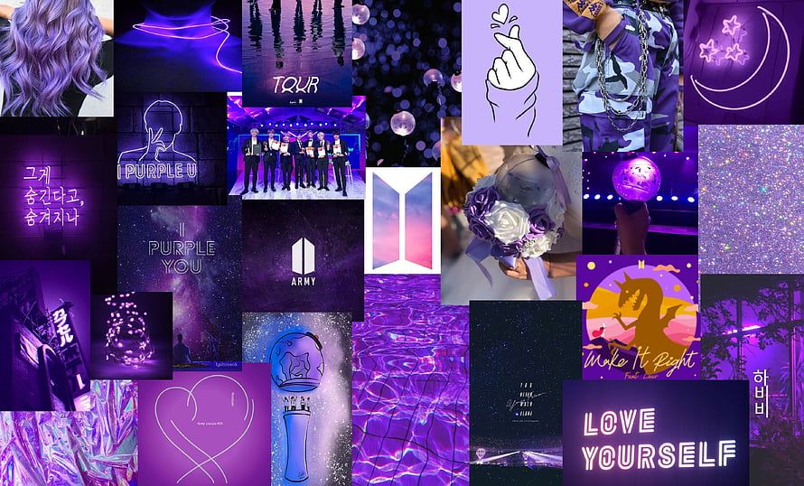 BTS ARMY Purple Theme Collage with Light Sticks, Neon Signs, and Love Yourself Tour Memories HD wallpaper