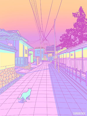 Pastel Japanese Street Scene With Cats And Traditional Houses HD phone wallpaper
