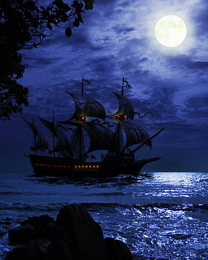 Silhouetted sailing ship with glowing lanterns on dark ocean under a full moon at night HD phone wallpaper