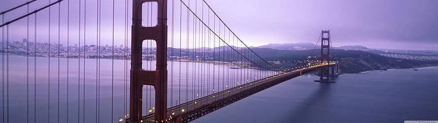 Golden Gate Bridge at Dusk with San Francisco Skyline and Purple Haze HD wallpaper