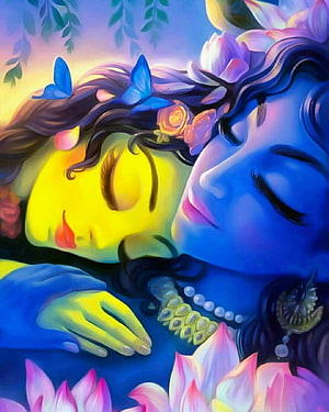 Radha and Krishna Sleeping Together Peacefully Surrounded by Lotus Flowers and Butterflies HD phone wallpaper