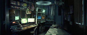 Dimly Lit Cyberpunk Bedroom with Multiple Monitors and Cluttered Shelves HD wallpaper