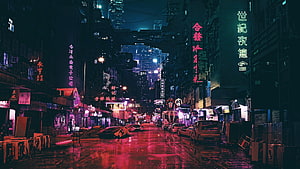 Neon-lit cyberpunk street at night with wet pavement and glowing signs HD wallpaper