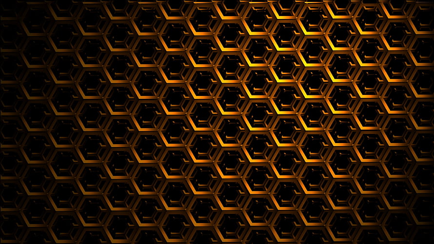 Glowing Golden Hexagonal Grid Pattern on Black Background HD wallpaper