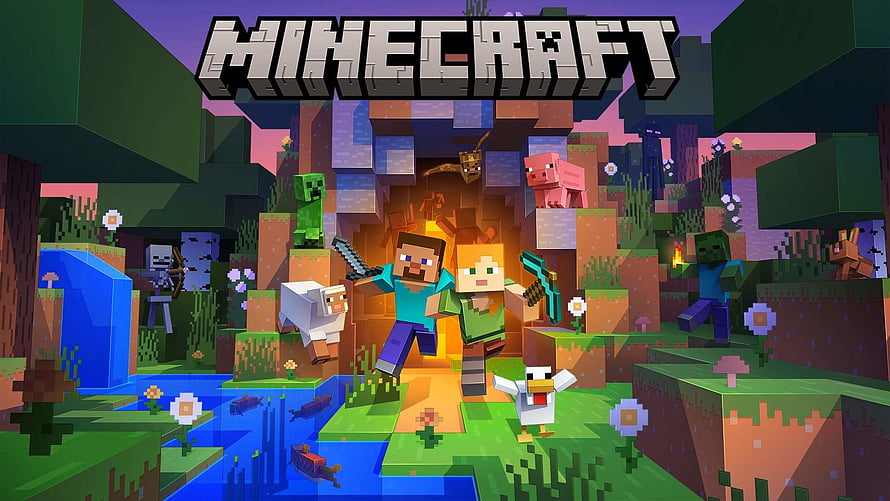 Minecraft Blocky Landscape Featuring Steve, Alex, and Creatures in Vibrant Pixel Art Style HD wallpaper