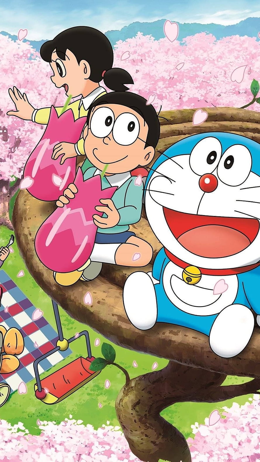 Doraemon, Nobita, and Shizuka Enjoying a Spring Picnic Under Cherry Blossoms HD phone wallpaper