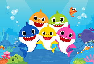Baby Shark Family Group Underwater Cartoon Illustration HD wallpaper
