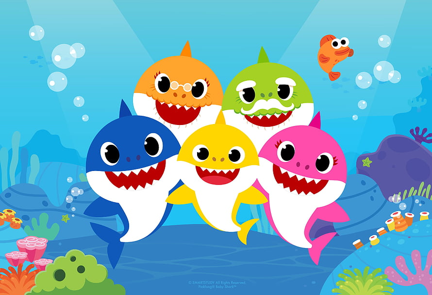 Baby Shark Family Group Underwater Cartoon Illustration HD wallpaper