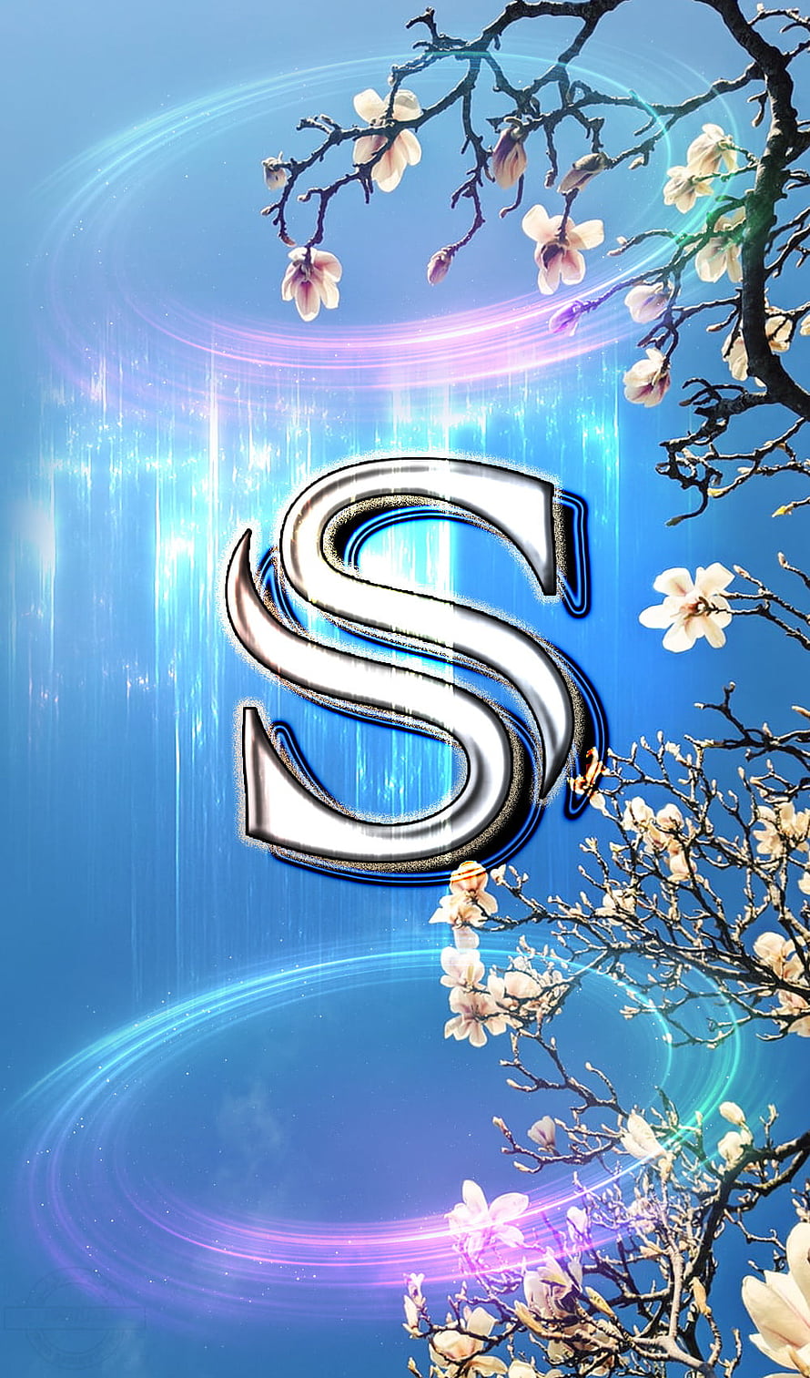 Metallic Letter S Initial With Magnolia Blossoms And Blue Light Rings HD phone wallpaper