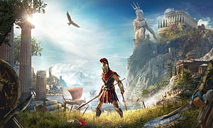Assassin's Creed Odyssey Spartan Warrior Standing Before Ancient Greek Temple and Statue HD wallpaper