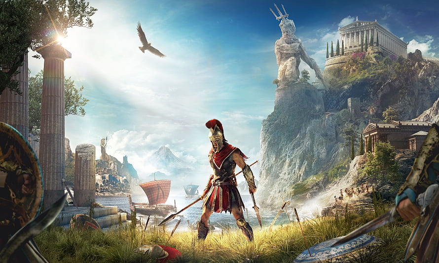 Assassin's Creed Odyssey Spartan Warrior Standing Before Ancient Greek Temple and Statue HD wallpaper