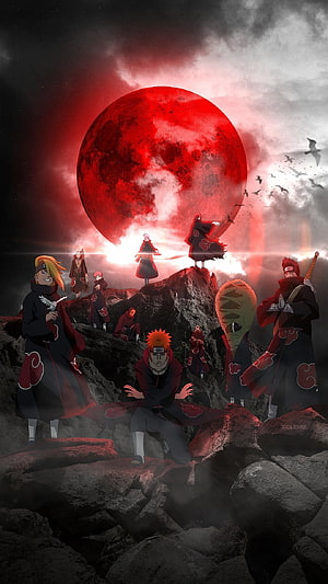 Akatsuki members gathered on rocky terrain under a massive red moon HD phone wallpaper