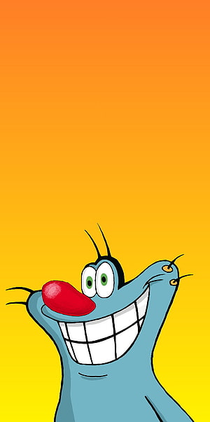 Oggy the Blue Cat Smiling with Red Nose on Vibrant Orange Gradient Background HD phone wallpaper