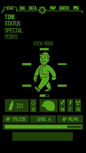 Fallout Pip-Boy Interface with Character Stats and Green Retro Display HD phone wallpaper