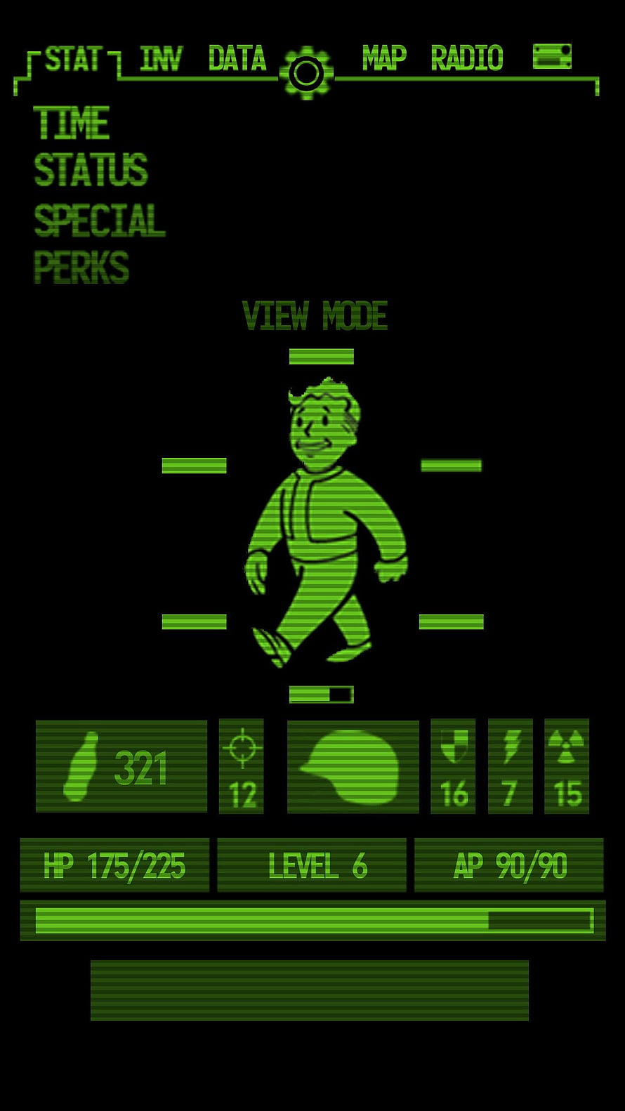Fallout Pip-Boy Interface with Character Stats and Green Retro Display HD phone wallpaper
