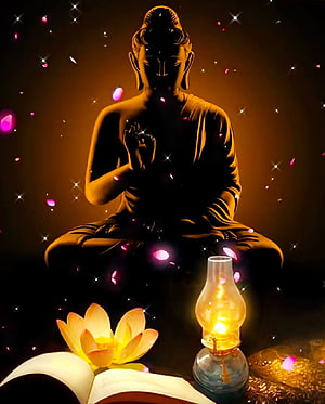 Silhouette of Buddha in Meditation with Lotus Flower and Oil Lamp HD phone wallpaper
