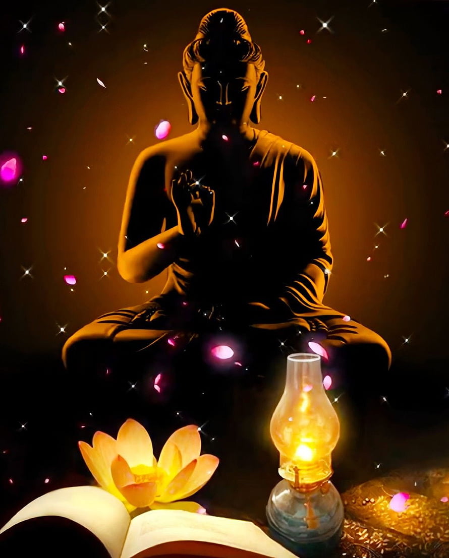 Silhouette of Buddha in Meditation with Lotus Flower and Oil Lamp HD phone wallpaper
