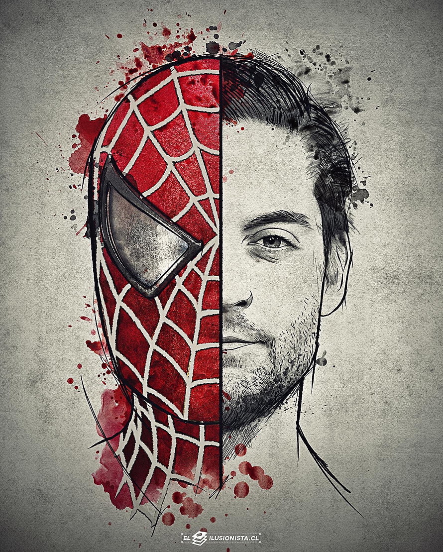 Spider-Man and Peter Parker Split Face Portrait with Ink Splatter Art, Peter Parker, eye, marvel, tobey Maguire, spider man, Spiderman HD phone wallpaper