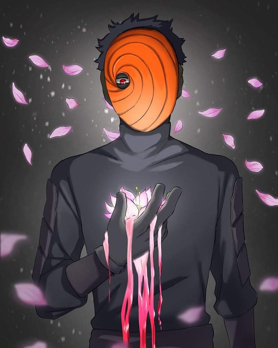 Obito Uchiha with Sharingan Mask Holding a Glowing Lotus Flower in Dark Anime Art HD phone wallpaper