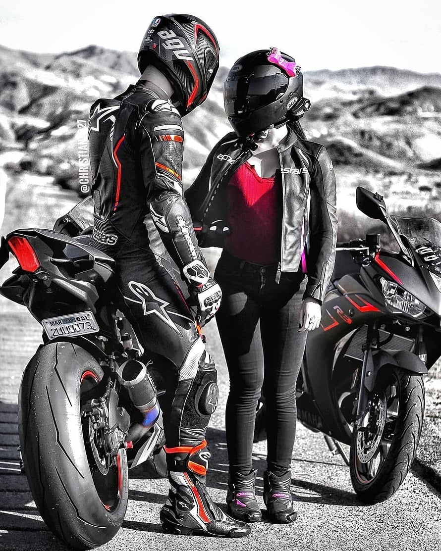 Biker Couple in Alpinestars Gear with Yamaha Motorcycles in Desert Landscape HD phone wallpaper