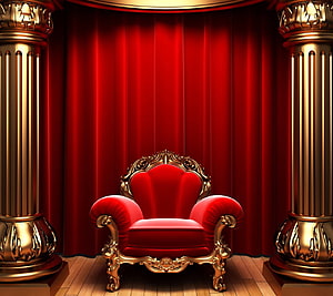 Ornate Red Velvet Throne with Gold Baroque Frame in a Grand Hall with Crimson Curtains and Gilded Columns HD wallpaper
